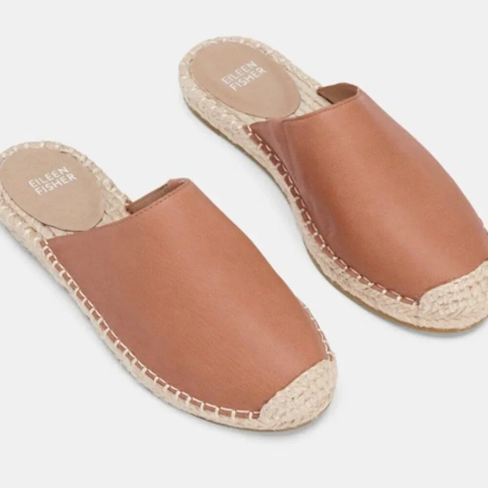 Eileen Fisher Tan Leather Espadrille Mule Sandals
